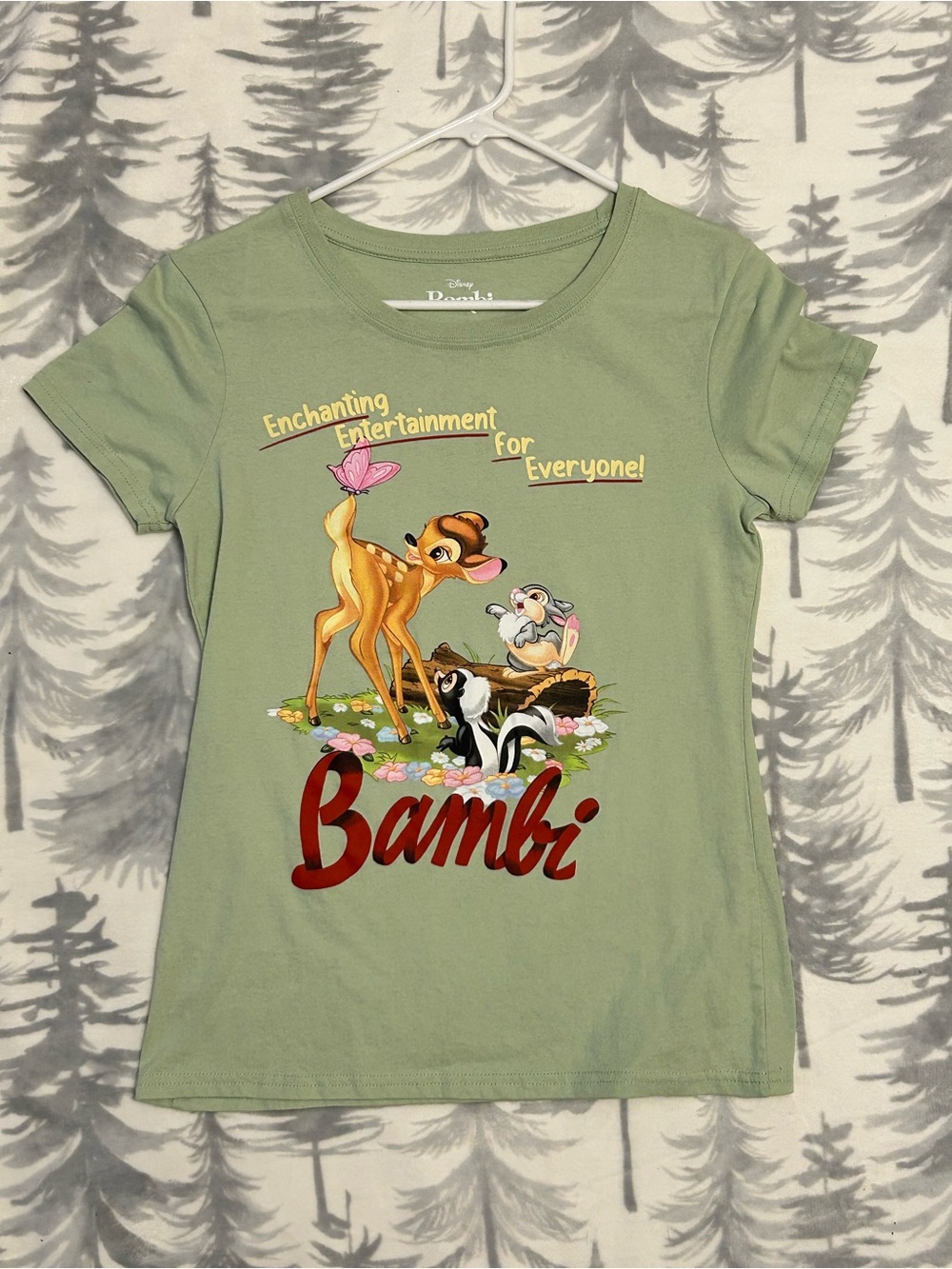 Disney Bambi Graphic Tee in Sage Green with Colorful Characters